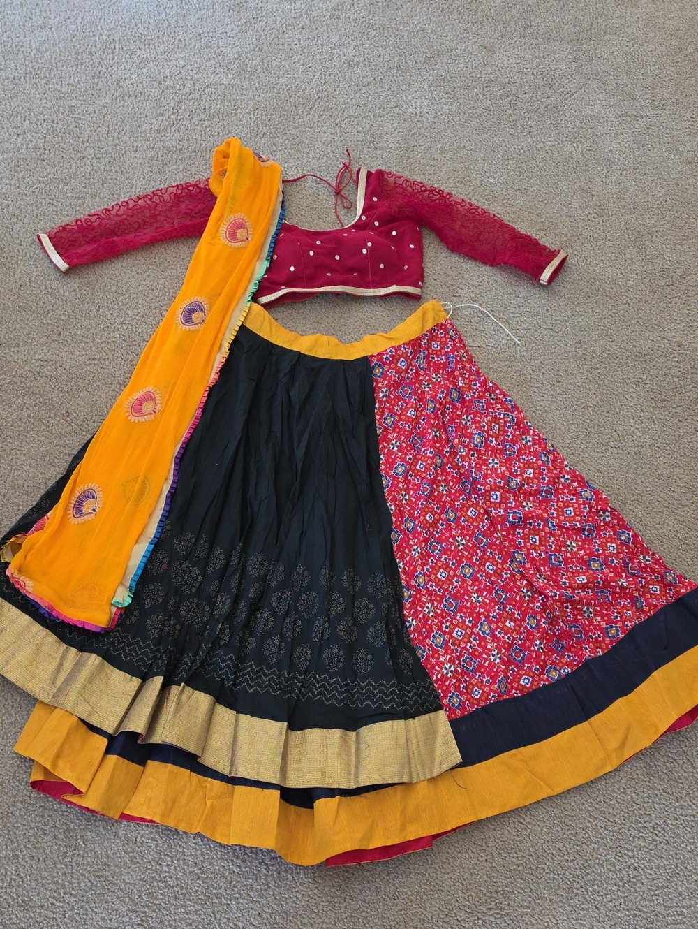 Traditional Lehenga Choli Set in Maroon, Black & Mustard
